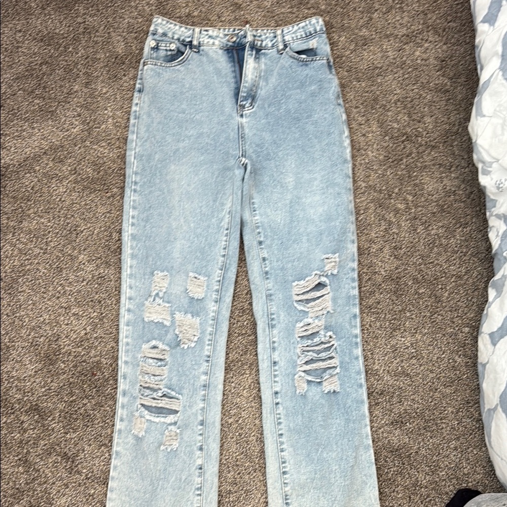 SHEIN Blue Straight Leg Jeans with Distressed Details
